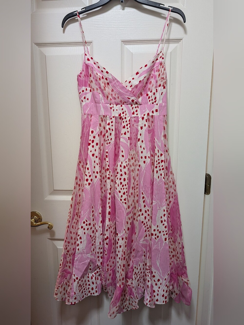 DVF babydoll Polka Dot Dress Pink Floral White Chiffon Metallic Sheer Size 2